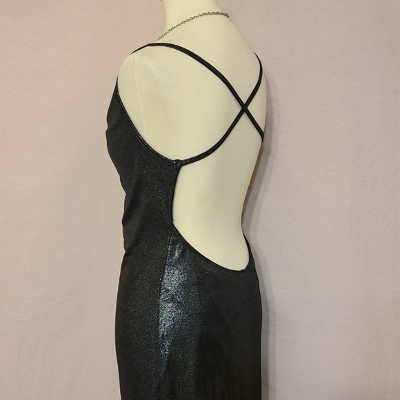 Drape Front Crisscross Open Back Metalic Black Dress - Picture 7 of 7